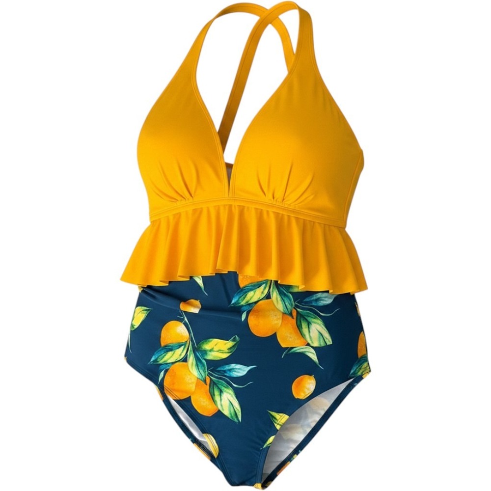 Cupshe Tankini Swimsuit‎ Women 1X Yellow Navy Lemon Print NEW Peplum High Waist